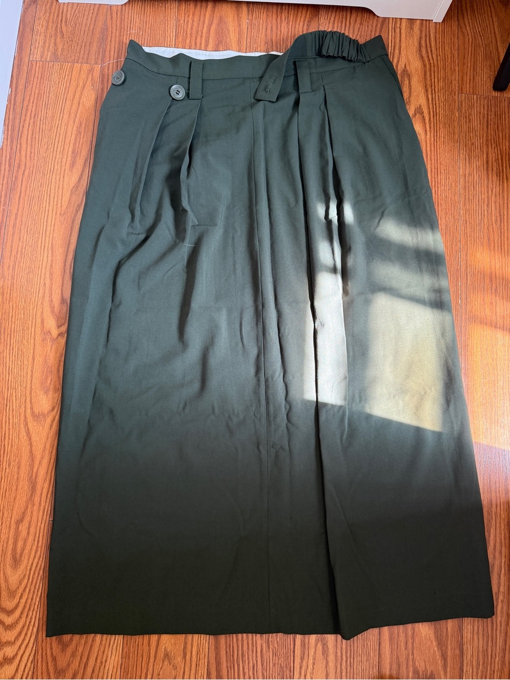 Dark Olive Green Tailored Maxi Skirt Size L Pleated Button Detail